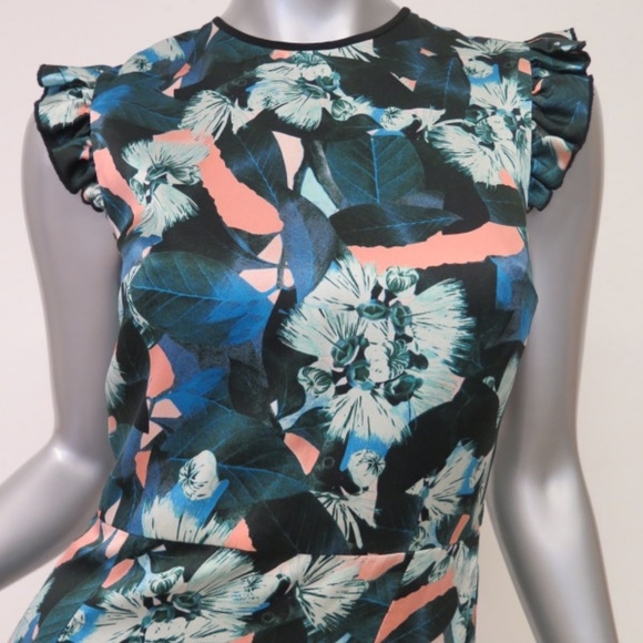 Erdem Dress Blue/Pink Leaf Print Silk - Picture 3 of 7